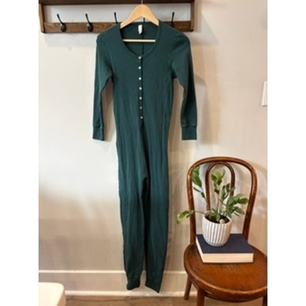 American Apparel Womens Thermal Henley Bodysuit Hunter Green Long Sleeve Medium